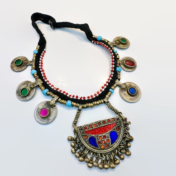 Vintage Afghan Coin Necklace: Middle Eastern Belly Dance Jewels Ethnic Boho - Picture 2 of 6